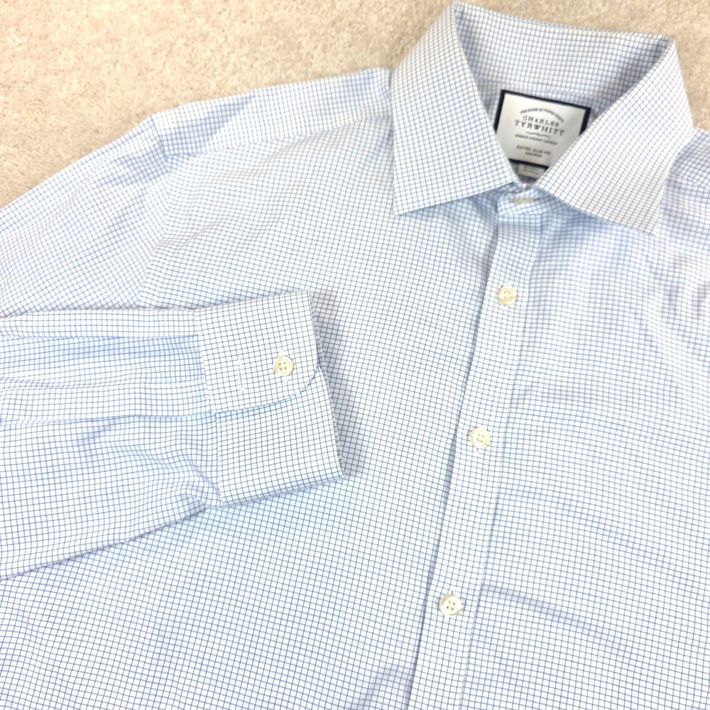 Charles Tyrwhitt Dress Shirt Mens 16/32in Blue White Check Extra Slim Non-Iron